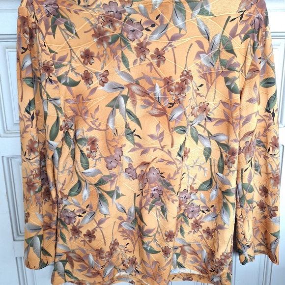 Carol Rose SzL Floral V-Neck Top - Pretty Mustard and Brown 3/4 Sleeves Stretchy - Picture 7 of 7